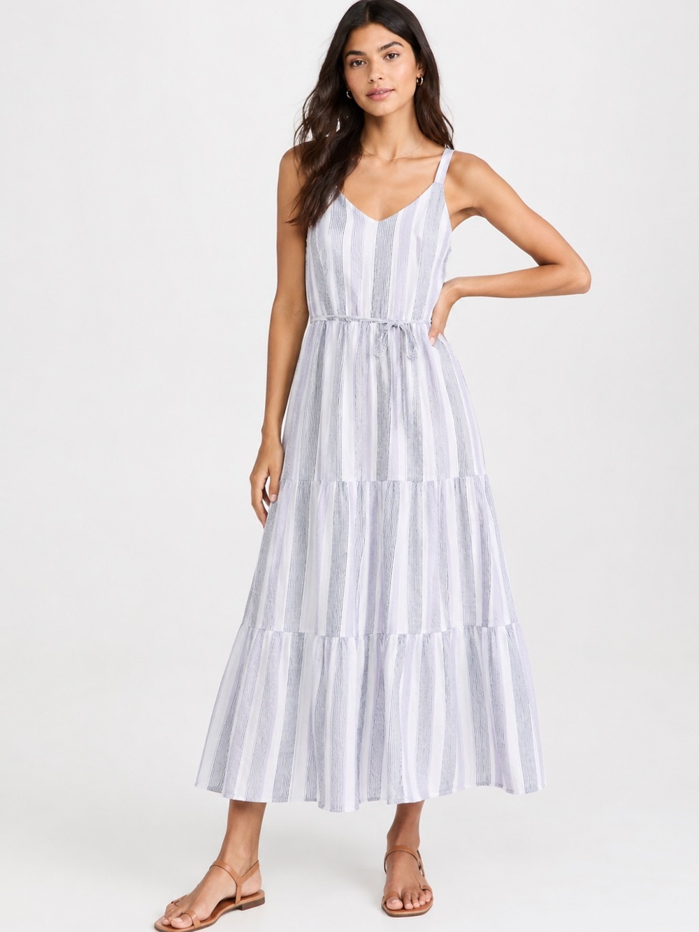 Splendid Collection Linen Blend Striped Sleeveless Midi Dress XS Tie Waist